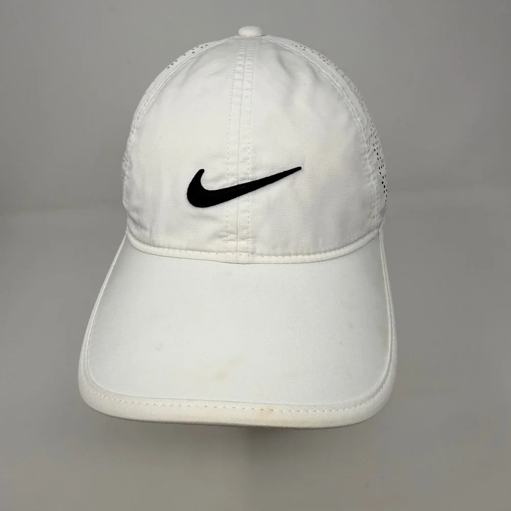 Distressed Nike Golf Hat White Perforated Performance Adjustable Cap Swoosh Logo